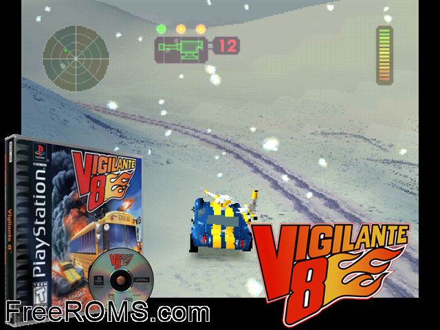 Vigilante 8 PSX game showing 3D box cover and gameplay screenshot