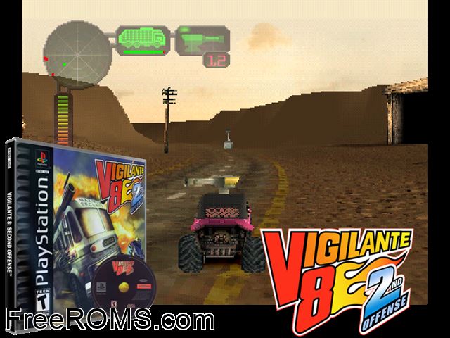 Vigilante 8 - Second Offense PSX game showing 3D box cover and gameplay screenshot