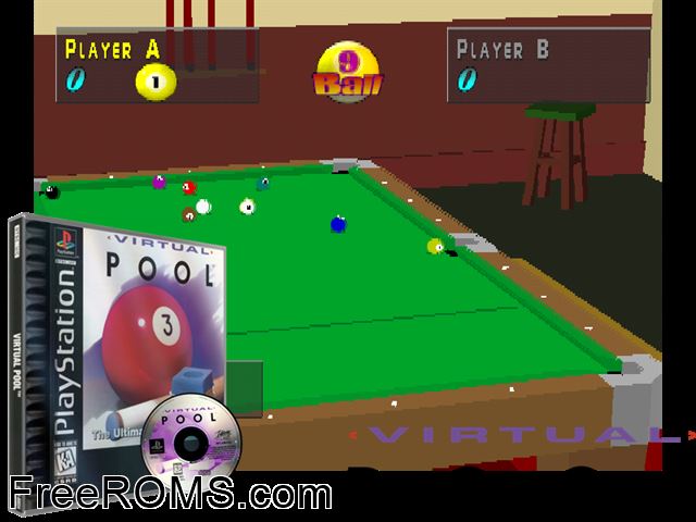 Virtual Pool PSX game showing 3D box cover and gameplay screenshot