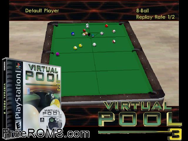Virtual Pool 3 PSX game showing 3D box cover and gameplay screenshot