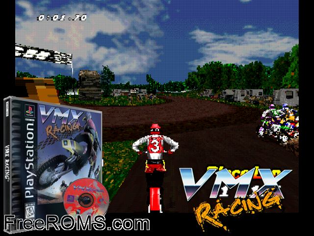 VMX Racing PSX game showing 3D box cover and gameplay screenshot