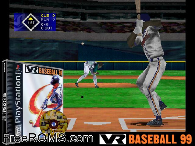 VR Baseball 99 PSX game showing 3D box cover and gameplay screenshot
