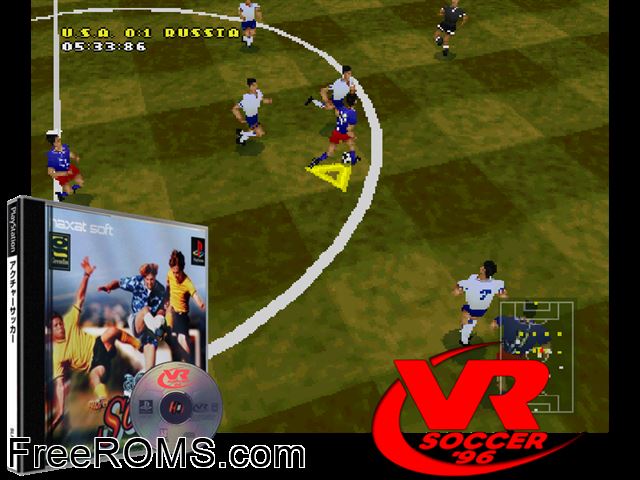 VR Soccer 96 PSX game showing 3D box cover and gameplay screenshot