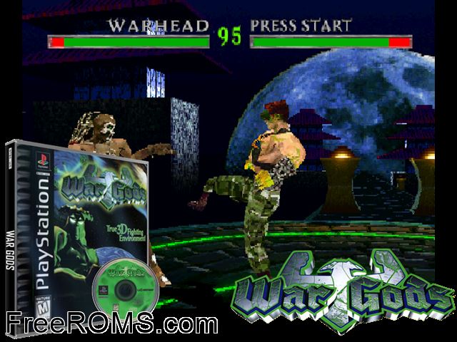 War Gods PSX game showing 3D box cover and gameplay screenshot