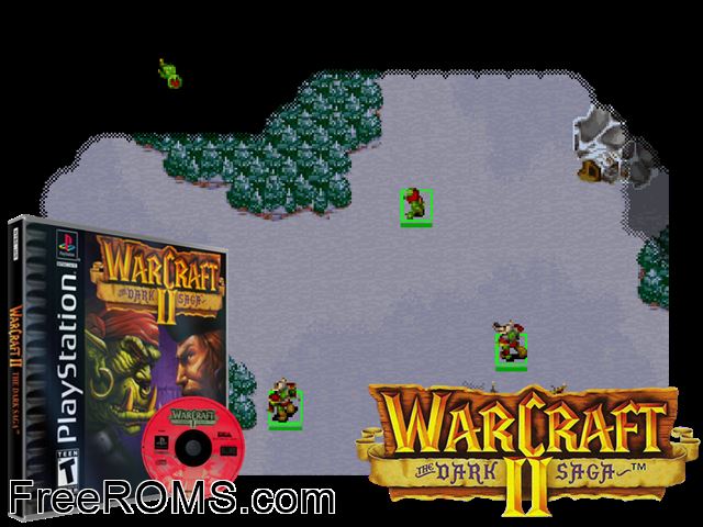 WarCraft II - The Dark Saga (En,Fr,De,Es,It) PSX game showing 3D box cover and gameplay screenshot
