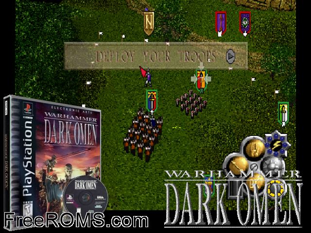 Warhammer - Dark Omen PSX game showing 3D box cover and gameplay screenshot