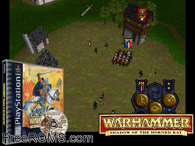 Warhammer - Shadow Of The Horned Rat PSX game showing 3D box cover and gameplay screenshot
