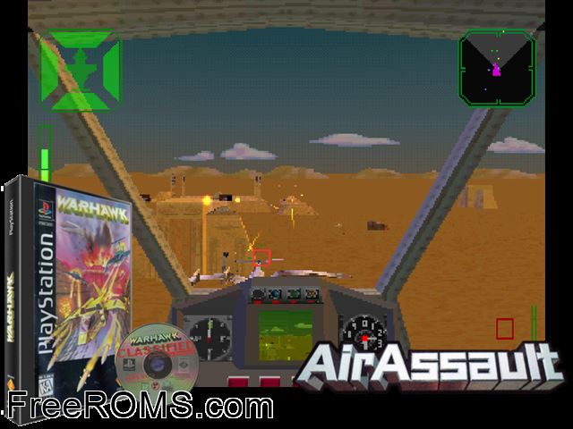 Warhawk - The Red Mercury Missions PSX game showing 3D box cover and gameplay screenshot