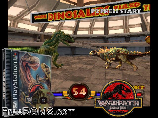 Warpath - Jurassic Park PSX game showing 3D box cover and gameplay screenshot