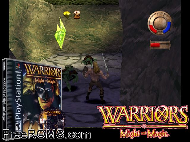 Warriors Of Might And Magic PSX game showing 3D box cover and gameplay screenshot