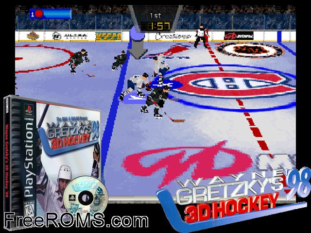 Wayne Gretzky's 3D Hockey '98 PSX game showing 3D box cover and gameplay screenshot