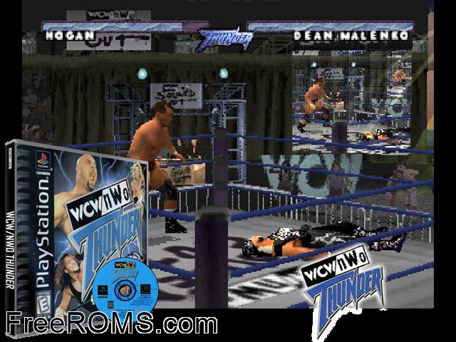 WCW - NWO Thunder PSX game showing 3D box cover and gameplay screenshot