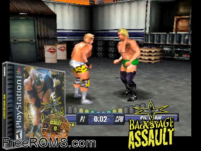 WCW Backstage Assault PSX game showing 3D box cover and gameplay screenshot