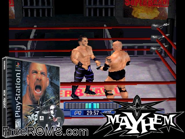 WCW Mayhem PSX game showing 3D box cover and gameplay screenshot