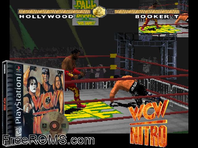 WCW Nitro PSX game showing 3D box cover and gameplay screenshot