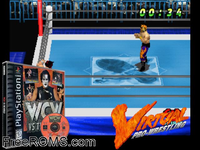 WCW Vs. The World PSX game showing 3D box cover and gameplay screenshot