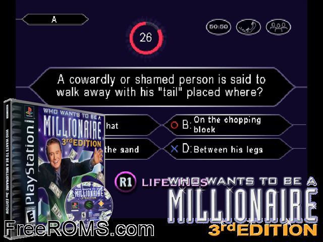 Who Wants To Be A Millionaire - 3rd Edition PSX game showing 3D box cover and gameplay screenshot
