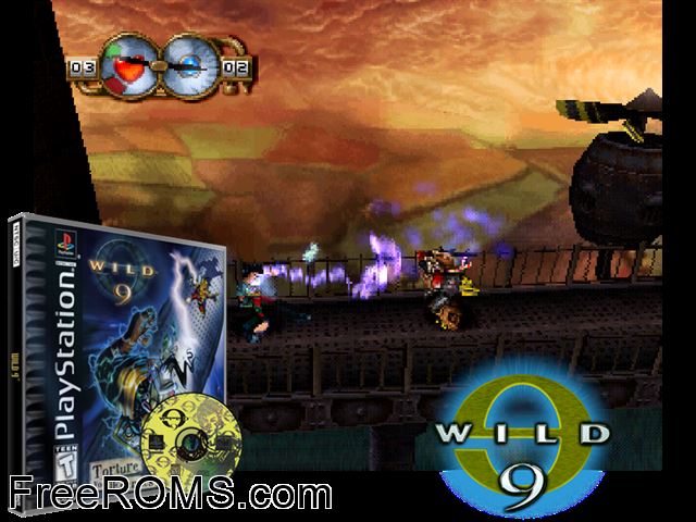 Wild 9 PSX game showing 3D box cover and gameplay screenshot