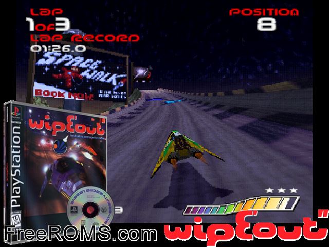 WipEout PSX game showing 3D box cover and gameplay screenshot