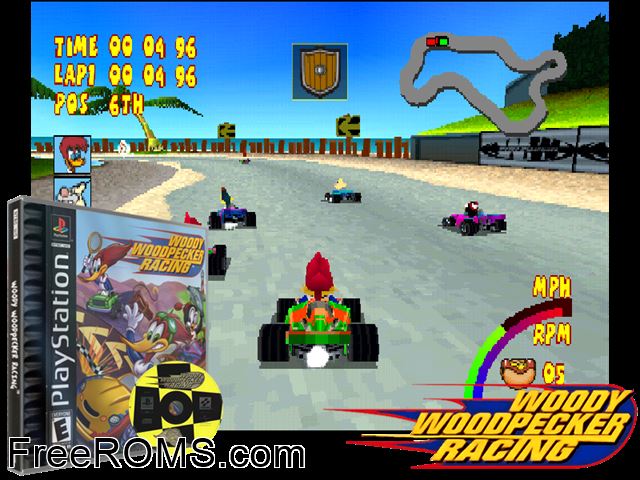 Woody Woodpecker Racing PSX game showing 3D box cover and gameplay screenshot