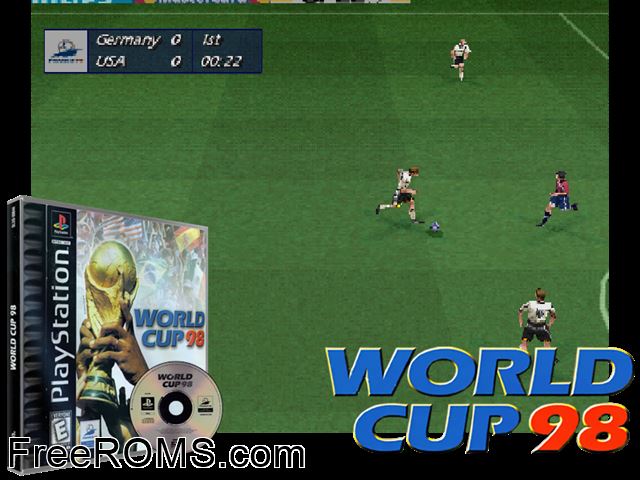 World Cup '98 PSX game showing 3D box cover and gameplay screenshot