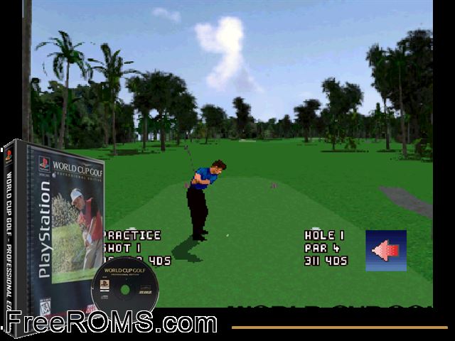 World Cup Golf - Professional Edition PSX game showing 3D box cover and gameplay screenshot