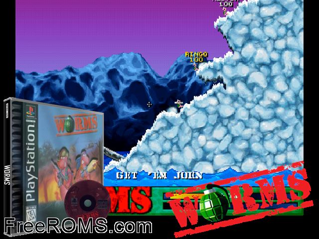 Worms PSX game showing 3D box cover and gameplay screenshot