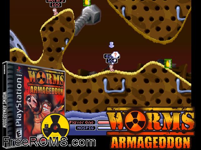 Worms Armageddon PSX game showing 3D box cover and gameplay screenshot