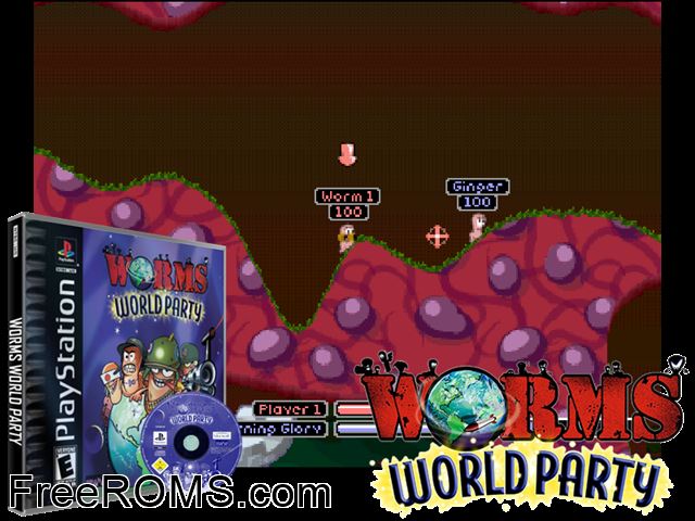 Worms World Party (En,Fr,Es,It,Nl,Sv,Da) PSX game showing 3D box cover and gameplay screenshot