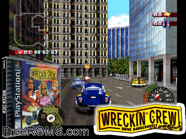 Wreckin Crew - Drive Dangerously (En,Es) PSX game showing 3D box cover and gameplay screenshot