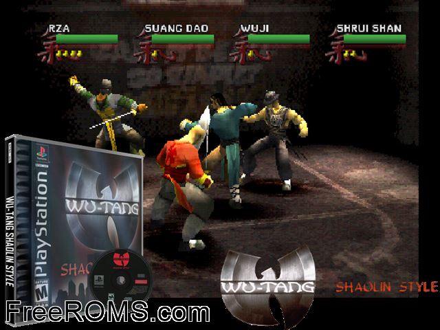 Wu-Tang - Shaolin Style PSX game showing 3D box cover and gameplay screenshot