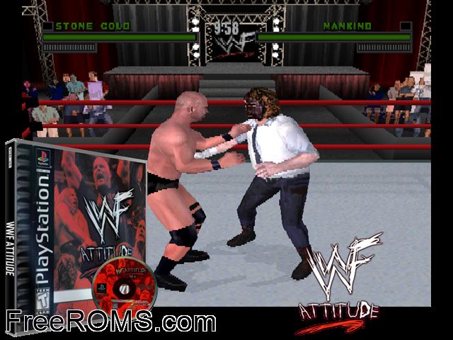 WWF Attitude PSX game showing 3D box cover and gameplay screenshot