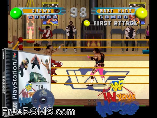 WWF In Your House PSX game showing 3D box cover and gameplay screenshot
