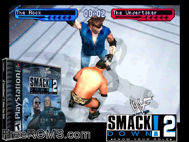 WWF SmackDown! 2 - Know Your Role PSX game showing 3D box cover and gameplay screenshot