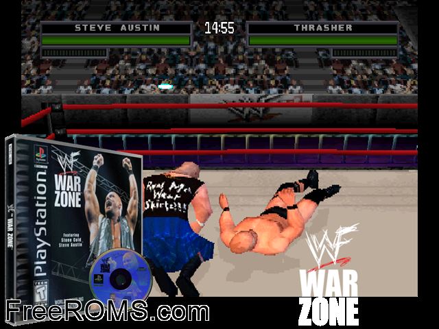 WWF War Zone (v1.1) PSX game showing 3D box cover and gameplay screenshot