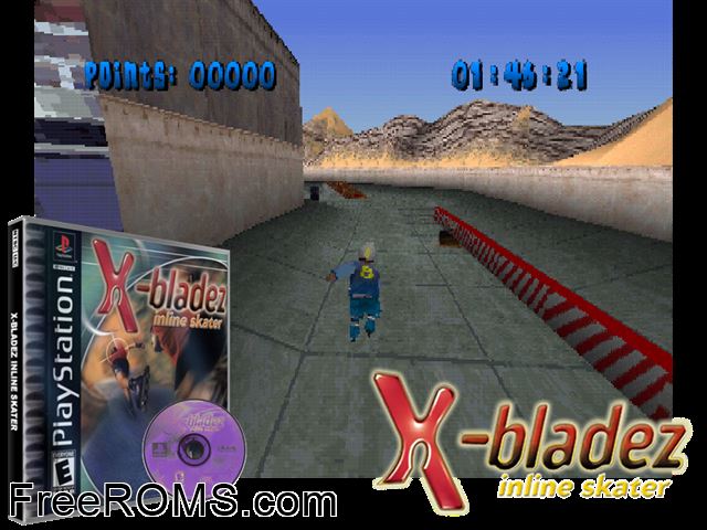 X-Bladez - Inline Skater PSX game showing 3D box cover and gameplay screenshot
