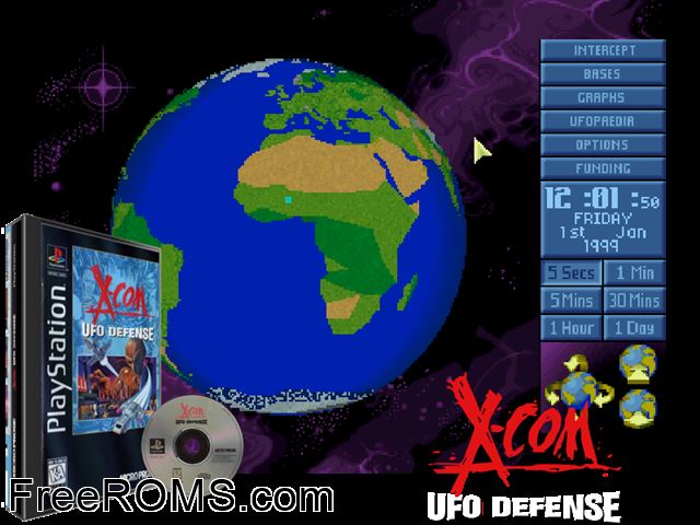 X-Com - UFO Defense PSX game showing 3D box cover and gameplay screenshot