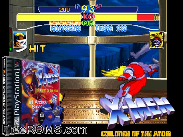 X-Men - Children Of The Atom PSX game showing 3D box cover and gameplay screenshot