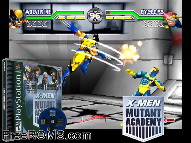 X-Men - Mutant Academy PSX game showing 3D box cover and gameplay screenshot