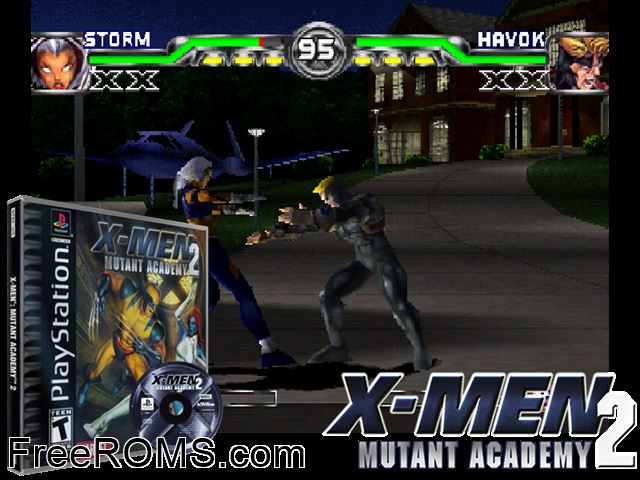 X-Men - Mutant Academy 2 PSX game showing 3D box cover and gameplay screenshot
