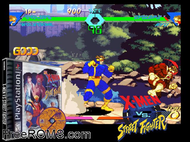 X-Men Vs. Street Fighter PSX game showing 3D box cover and gameplay screenshot
