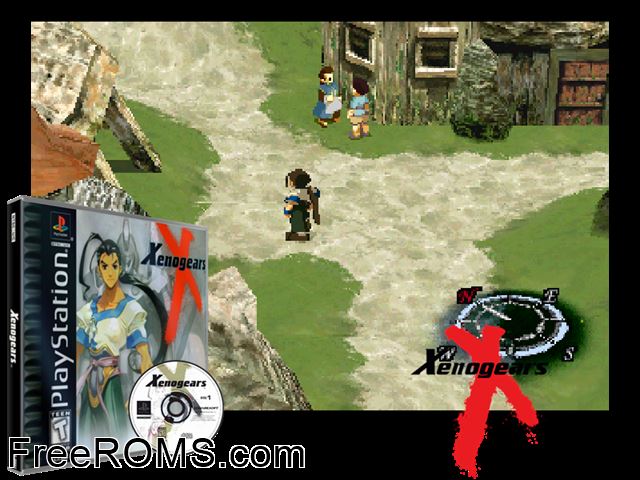 Xenogears (Disc 1) PSX game showing 3D box cover and gameplay screenshot