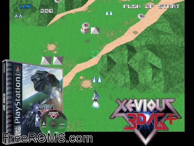 Xevious 3D-G+ PSX game showing 3D box cover and gameplay screenshot