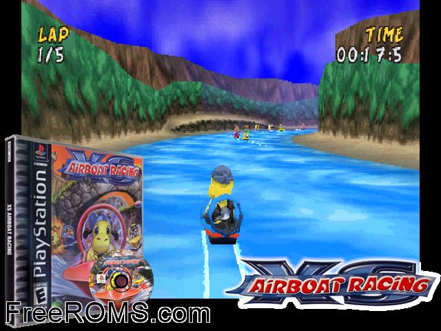 XS Airboat Racing PSX game showing 3D box cover and gameplay screenshot