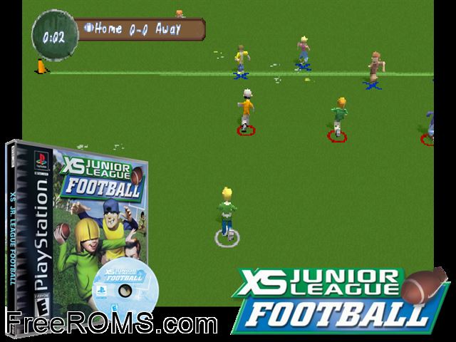 XS Junior League Football PSX game showing 3D box cover and gameplay screenshot