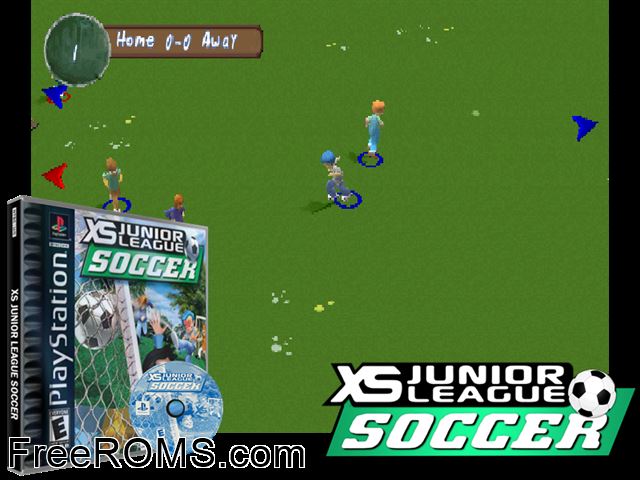 XS Junior League Soccer PSX game showing 3D box cover and gameplay screenshot