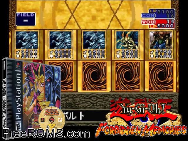 Yu-Gi-Oh! - Forbidden Memories PSX game showing 3D box cover and gameplay screenshot
