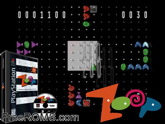 Zoop - Americas Largest Killer Of Time! PSX game showing 3D box cover and gameplay screenshot