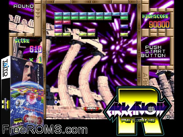 Arkanoid Returns Raine game showing 3D box cover and gameplay screenshot