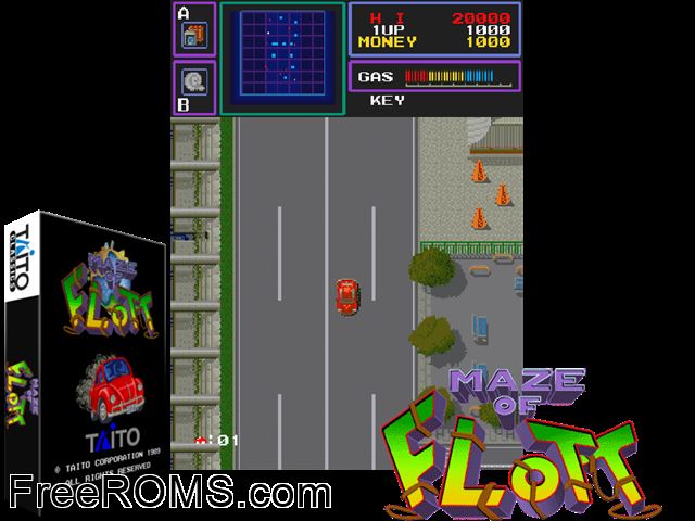 Maze of Flott Raine game showing 3D box cover and gameplay screenshot